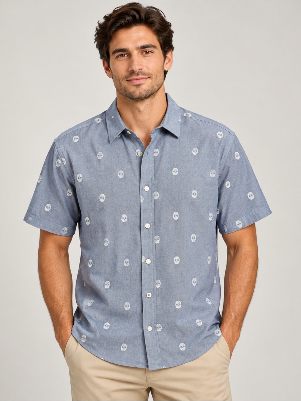 Ben Sherman Men’s M Blue Skull Print Short Sleeve Button Up Shirt 100% Cotton